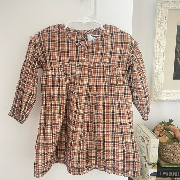 Old Navy Long Sleeve Split Neck Blouse brown plaid 100% cotton matching toddler - Picture 8 of 8